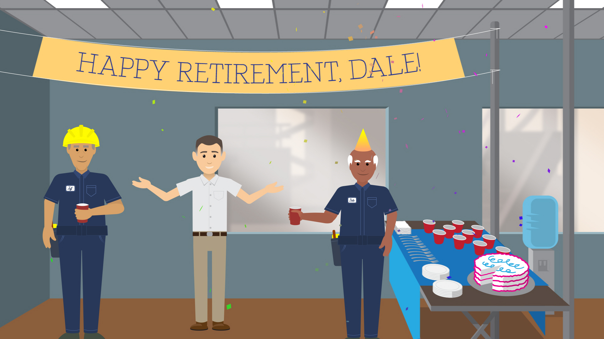 From an explainer video for IBM Cognitive Plant Advisor. Retirement Party.