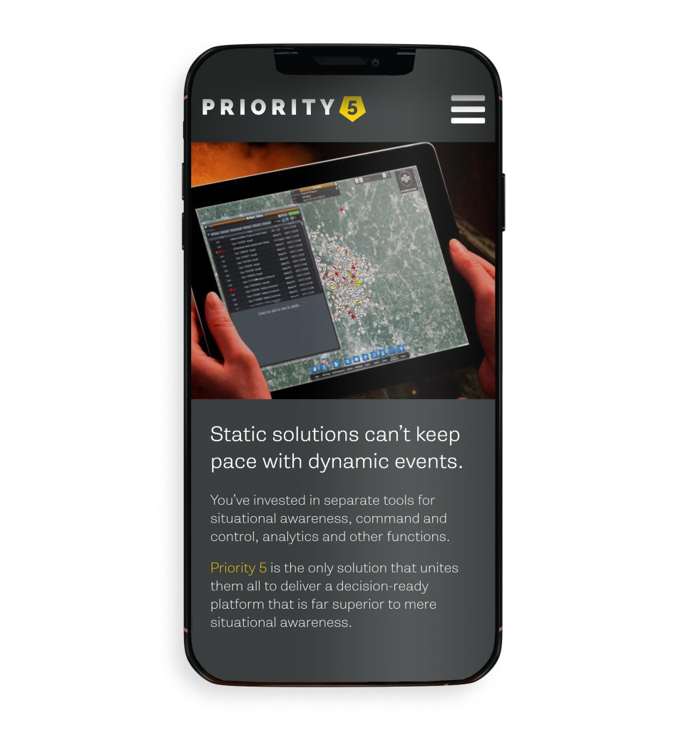 The Priority 5 product landing page on a mobile device.