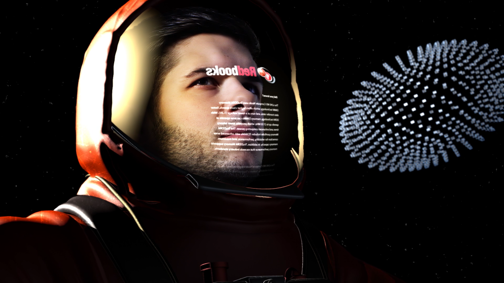 Visual effects composite of an astronaut reading a Redbook in the future.