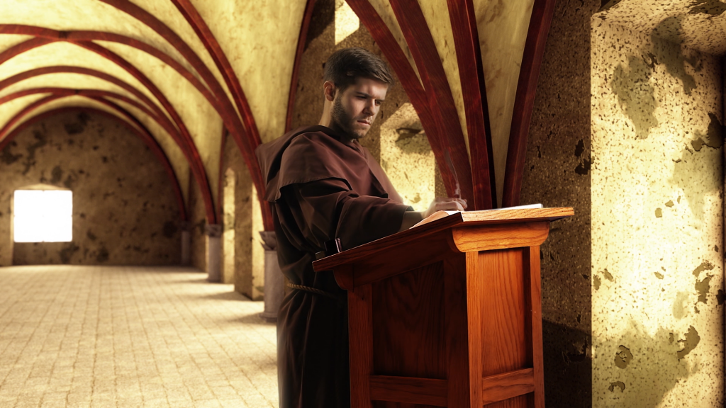 Visual effects composite of a monk in a gothic cathedral.
