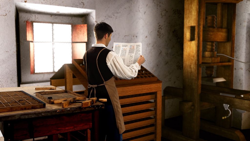 Visual effects composite of a man working the Gutenberg printing press.