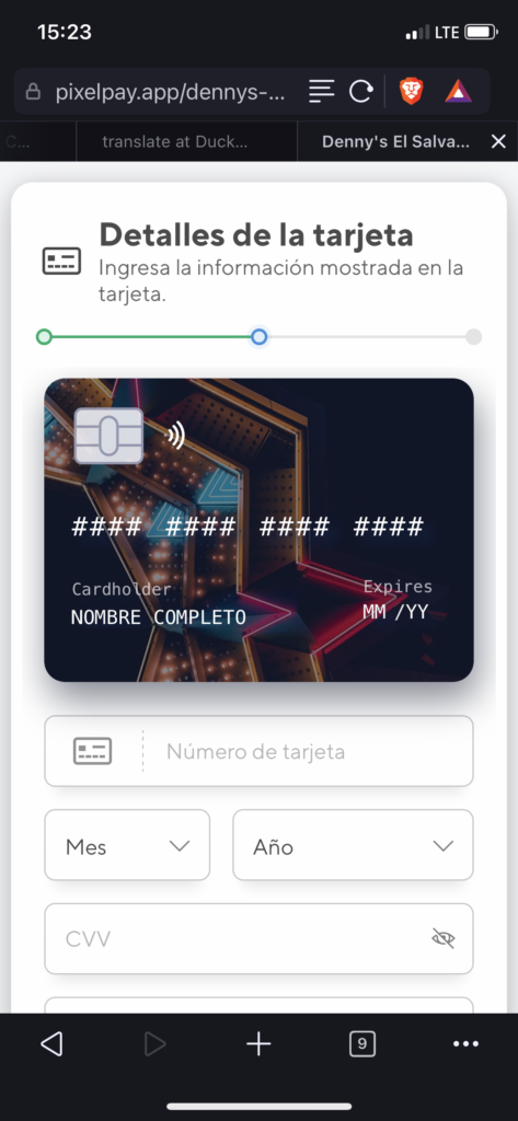Screenshot of Credit Card payment website