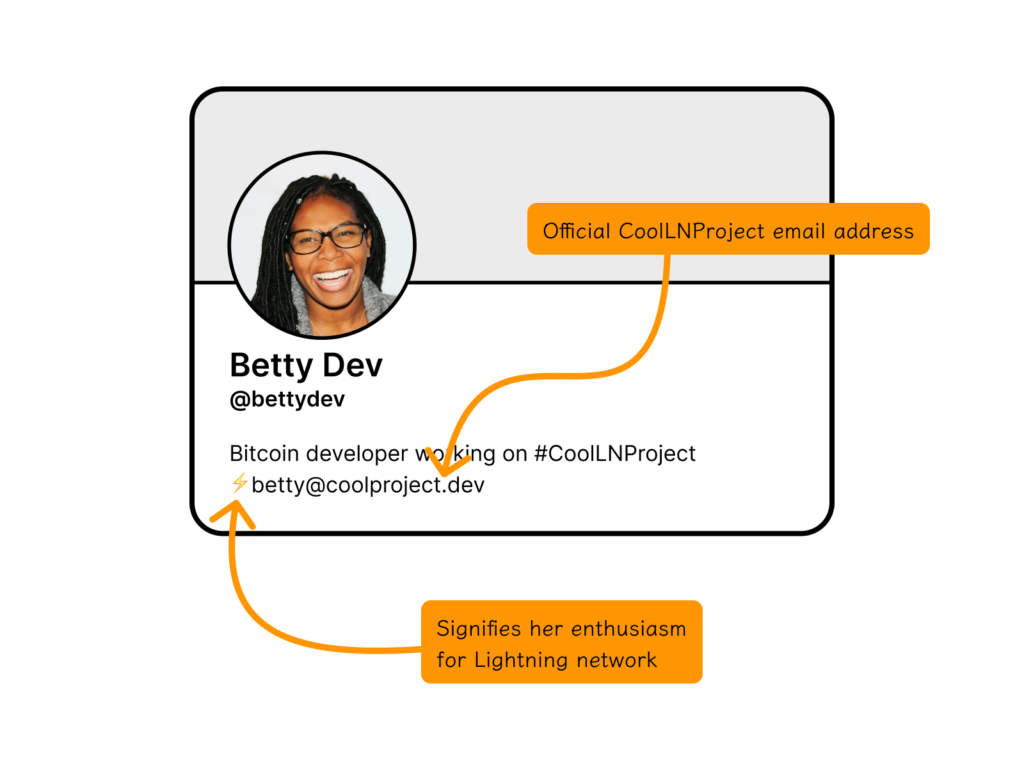 Depiction of how Charles sees Betty's email in the Twitter profile, with the zap emoji representing enthusiasm for Lightning and the Lightning Address representing her official project email address