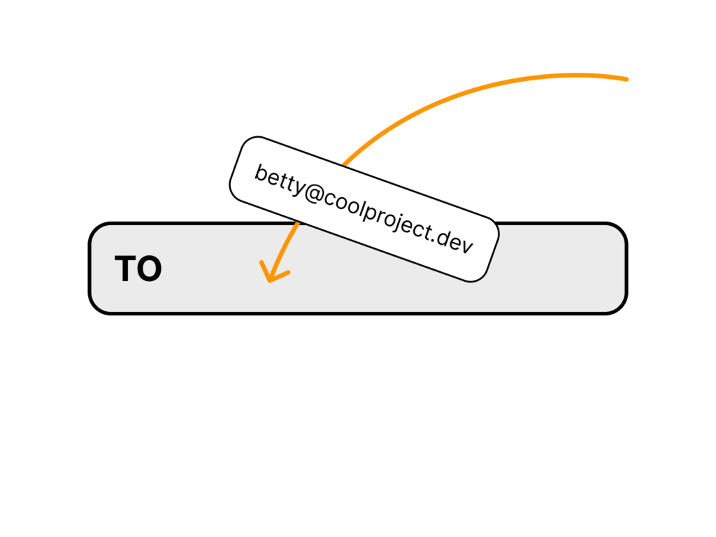 Depiction of copying and pasting the lightning address "betty@coolproject.dev" into an email TO field
