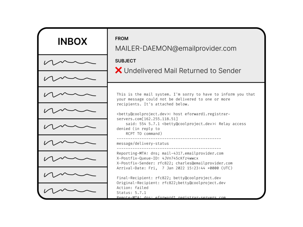 Depiction of an email bounce-back error message in Charles' inbox